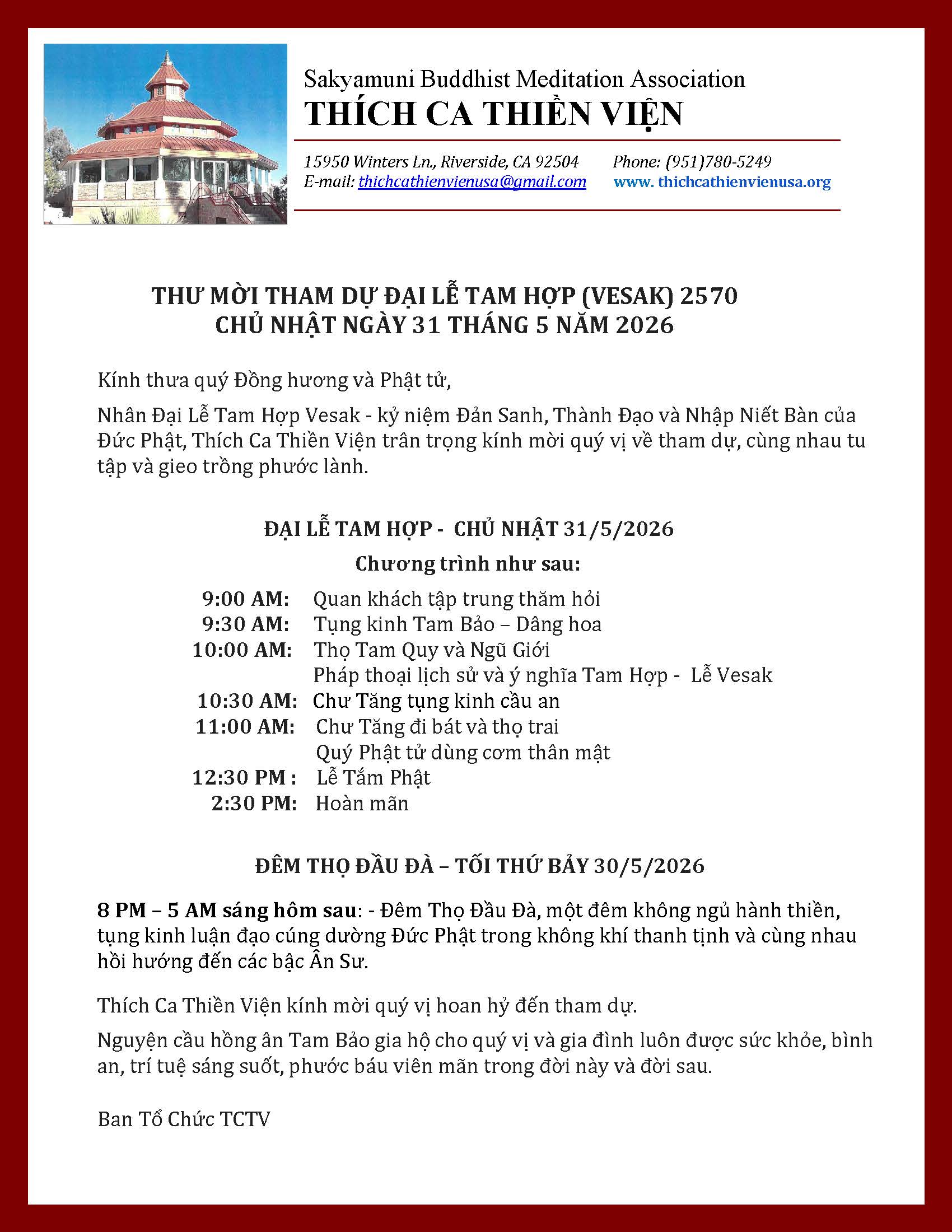 LỄ TAM HỢP (VESAK) 2570 CHỦ NHẬT NGÀY 31 THÁNG 5 NĂM 2026